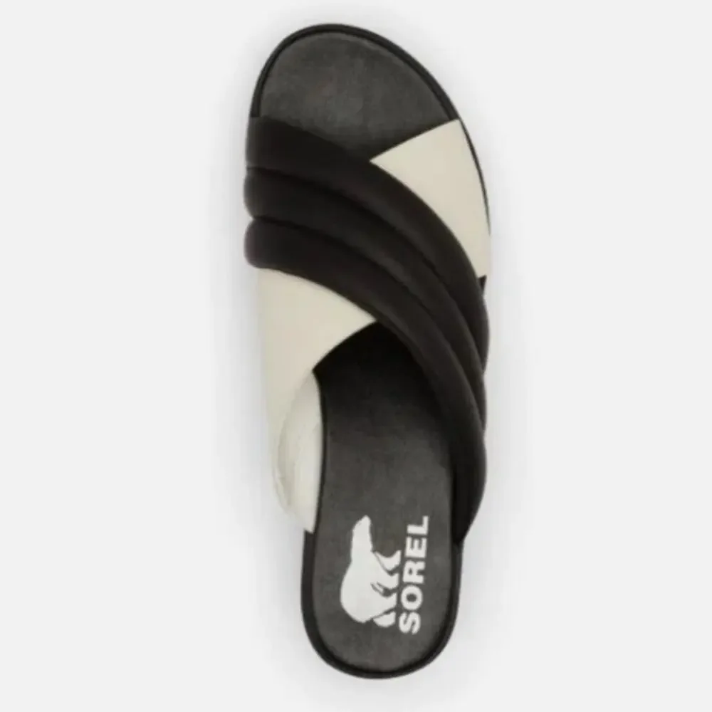 Sorel Cameron Flatform Puff Sandal Platform Slide  Black & White Leather